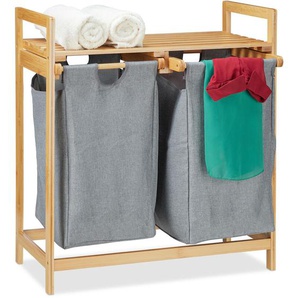 Wäschekorb mit Ablage, 2 Fächer, 2x 30 l Wäschesäcke, Bambus Ausziehwäschekorb hbt 73 x 64 x 33 cm, natur/grau - Relaxdays