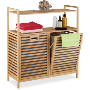 Wäschekorb mit Ablagen, 2 kippbare Wäschesammler, je 40 Liter, Bambus, Stoff, HxBxT: 95 x 88 x 33 cm, natur - Relaxdays