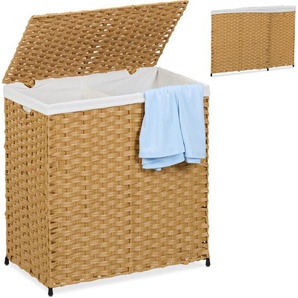 Wäschekorb mit Deckel, Rattan-Optik, Wäschesack 110 l, hbt: 60x58x34 cm, Wäschesortierer 2 Fächer, braun/beige - Relaxdays