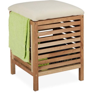 Wäschekorb mit Sitz, Walnussholz, Stoff, 35 l Wäschesammler, hbt: 51x39x39 cm, Badhocker mit Stauraum, natur - Relaxdays