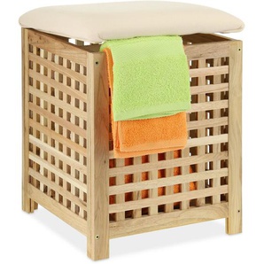 Wäschekorb mit Sitz, Walnussholz, Stoff, HxBxT: 50 x 39 x 39 cm, 45 l Wäschebox, Badhocker mit Stauraum, natur - Relaxdays