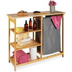 Wäschekorb Regal, Bambus, 3 Ablagen, herausziehbarer Wäschesack, HxBxT: 80x100x32 cm, Wäschesammler Bad, natur - Relaxdays