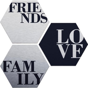 Wall-Art Metallbild Love, Friends, Family, Schriftzug (Set), Metallposter Collage