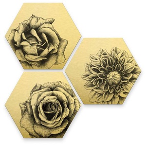 Wall-Art Mehrteilige Bilder Florales Blumen Set Goldeffekt, (Set, 3 St), Metallschild Collage