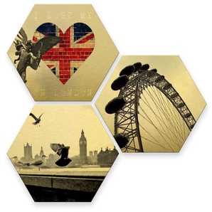 Wall-Art Mehrteilige Bilder Goldeffekt London Collage, (Set, 3 St), Metallschild Collage
