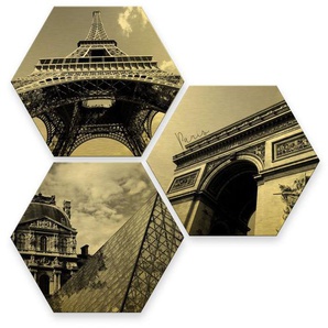 Wall-Art Mehrteilige Bilder Goldeffekt Paris Collage Stadt, Landschaften (Set, 3 St), Metallschild Collage