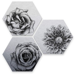 Wall-Art Mehrteilige Bilder Silbereffekt Blumen Set, (Set, 3 St), Metallschild Collage