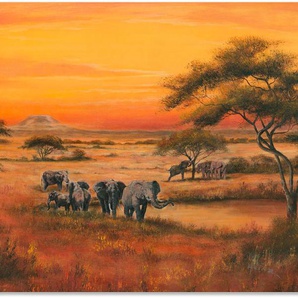 Wandbild ARTLAND Afrika Elefanten Bilder Gr. B/H: 100 cm x 70 cm, Alu-Dibond-Druck Afrika, 1 St., orange Kunstdrucke