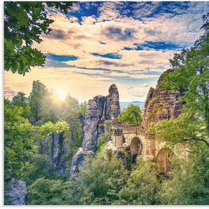Wandbild ARTLAND Basteibrücke in der Sächsischen Schweiz Bilder Gr. B/H: 120 cm x 80 cm, Alu-Dibond-Druck Felsen Querformat, 1 St., grün Kunstdrucke