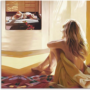 Wandbild ARTLAND Blondes Mädchen sitzt auf dem Bett Bilder Gr. B/H: 80 cm x 60 cm, Alu-Dibond-Druck Bilder von Frauen Querformat, 1 St., braun Kunstdrucke