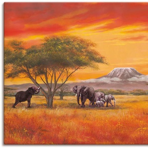 Wandbild ARTLAND Elefanten Bilder Gr. B/H: 150 cm x 75 cm, Leinwandbild Elefanten Bilder Querformat, 1 St., orange Kunstdrucke