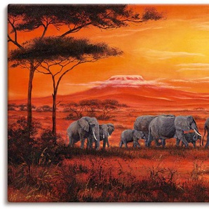 Wandbild ARTLAND Elefantenherde Bilder Gr. B/H: 150 cm x 75 cm, Leinwandbild Wildtiere, 1 St., orange Kunstdrucke