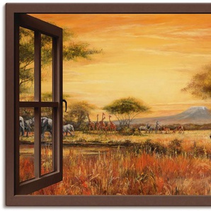 Wandbild ARTLAND Fensterblick Afrikanische Steppe Löwen Bilder Gr. B/H: 130 cm x 90 cm, Leinwandbild Fensterblick, 1 St., braun Kunstdrucke