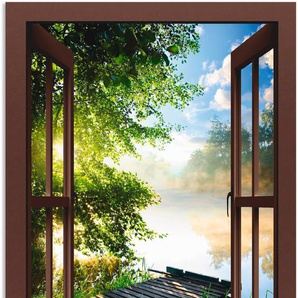 Wandbild ARTLAND Fensterblick Angelsteg am Fluss Bilder Gr. B/H: 70 cm x 100 cm, Alu-Dibond-Druck Fensterblick, 1 St., braun Kunstdrucke