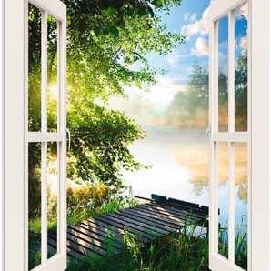 Wandbild ARTLAND Fensterblick Angelsteg am Fluss Bilder Gr. B/H: 70 cm x 100 cm, Alu-Dibond-Druck Fensterblick, 1 St., weiß Kunstdrucke
