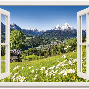 Wandbild ARTLAND Fensterblick Bayerischen Alpen Bilder Gr. B/H: 130 cm x 90 cm, Leinwandbild Berge Querformat, 1 St., weiß Kunstdrucke