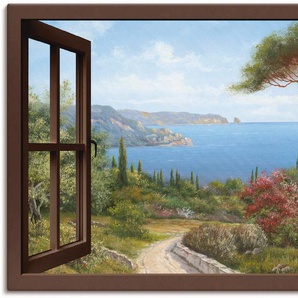 Wandbild ARTLAND Fensterblick Frühlingsmorgen Bilder Gr. B/H: 130 cm x 90 cm, Leinwandbild Fensterblick, 1 St., braun Kunstdrucke
