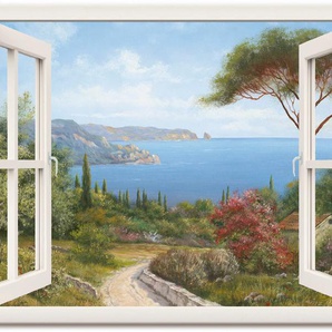 Wandbild ARTLAND Fensterblick - Haus am Meer I Bilder Gr. B/H: 130 cm x 90 cm, Leinwandbild Fensterblick, 1 St., weiß Kunstdrucke