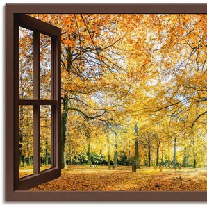 Wandbild ARTLAND Fensterblick - Herbstwald Panorama Bilder Gr. B/H: 130 cm x 90 cm, Leinwandbild Fensterblick Querformat, 1 St., braun Kunstdrucke