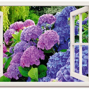Wandbild ARTLAND Fensterblick Hortensien im Garten Bilder Gr. B/H: 130 cm x 90 cm, Leinwandbild Blumen Querformat, 1 St., lila Kunstdrucke