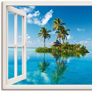 Wandbild ARTLAND Fensterblick Insel Palmen Meer Bilder Gr. B/H: 130 cm x 90 cm, Leinwandbild Fensterblick Querformat, 1 St., weiß Kunstdrucke