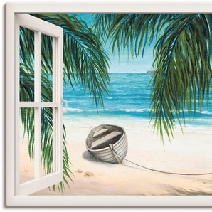 Wandbild ARTLAND Fensterblick - Karibik Bilder Gr. B/H: 130 cm x 90 cm, Leinwandbild Fensterblick, 1 St., weiß Kunstdrucke