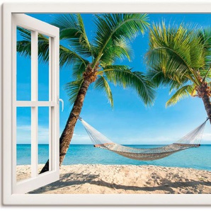 Wandbild ARTLAND Fensterblick Palmenstrand Karibik Bilder Gr. B/H: 130 cm x 90 cm, Leinwandbild Amerika Querformat, 1 St., weiß Kunstdrucke