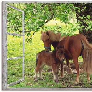 Wandbild ARTLAND Fensterblick - Pony mit Kind Bilder Gr. B/H: 120 cm x 90 cm, Leinwandbild Haustiere, 1 St., grün Kunstdrucke