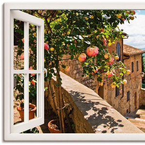 Wandbild ARTLAND Fensterblick Rosen auf Balkon Toskana Bilder Gr. B/H: 130 cm x 90 cm, Leinwandbild Garten Querformat, 1 St., weiß Kunstdrucke