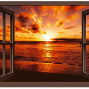 Wandbild ARTLAND Fensterblick Sonnenuntergang am Strand Bilder Gr. B/H: 130 cm x 90 cm, Leinwandbild Fensterblick Querformat, 1 St., braun Kunstdrucke