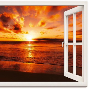 Wandbild ARTLAND Fensterblick Sonnenuntergang am Strand Bilder Gr. B/H: 130 cm x 90 cm, Leinwandbild Fensterblick Querformat, 1 St., weiß Kunstdrucke