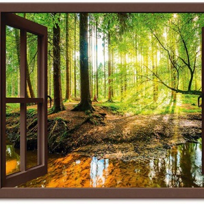 Wandbild ARTLAND Fensterblick - Wald mit Bach Bilder Gr. B/H: 130 cm x 90 cm, Leinwandbild Wald Querformat, 1 St., braun Kunstdrucke