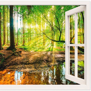 Wandbild ARTLAND Fensterblick - Wald mit Bach Bilder Gr. B/H: 130 cm x 90 cm, Leinwandbild Wald Querformat, 1 St., weiß Kunstdrucke