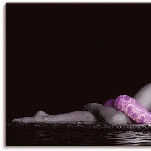Wandbild ARTLAND Frau in Wasser liegend mit Python Bilder Gr. B/H: 150 cm x 75 cm, Leinwandbild Frau Querformat, 1 St., lila Kunstdrucke