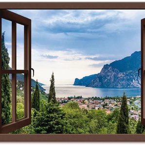 Wandbild ARTLAND Gardasee durchs braune Fenster Bilder Gr. B/H: 130 cm x 90 cm, Leinwandbild Seebilder Querformat, 1 St., grün Kunstdrucke als Alubild, Outdoorbild, Leinwandbild, Poster in verschied. Größen