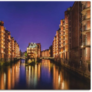 Wandbild ARTLAND Hamburg Speicherstadt bei Nacht Bilder Gr. B/H: 120 cm x 90 cm, Leinwandbild Gebäude Querformat, 1 St., goldfarben Kunstdrucke als Leinwandbild, Wandaufkleber oder Poster in versch. Größen
