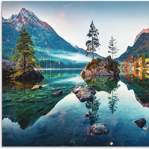 Wandbild ARTLAND Herbstszene des Hintersee vor Alpen Bilder Gr. B/H: 120 cm x 90 cm, Alu-Dibond-Druck Seebilder Querformat, 1 St., blau Kunstdrucke