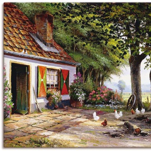 Wandbild ARTLAND Hühner auf dem Hof Bilder Gr. B/H: 120 cm x 90 cm, Leinwandbild Garten Querformat, 1 St., grün Kunstdrucke