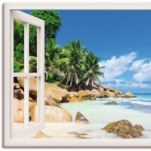 Wandbild ARTLAND Küste mit Palmen durchs Fenster Bilder Gr. B/H: 130 cm x 90 cm, Leinwandbild Karibikbilder Querformat, 1 St., blau Kunstdrucke