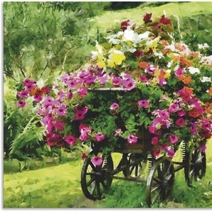 Wandbild ARTLAND Kutsche mit Blumen Bilder Gr. B/H: 120 cm x 90 cm, Alu-Dibond-Druck Blumenbilder Querformat, 1 St., grün Kunstdrucke