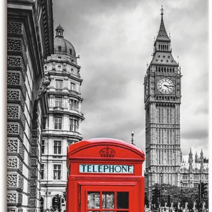 Wandbild ARTLAND London Telefonzelle Bilder Gr. B/H: 50 cm x 100 cm, Leinwandbild Architektonische Elemente Hochformat, 1 St., rot Kunstdrucke als Alubild, Outdoorbild, Leinwandbild in verschied. Größen