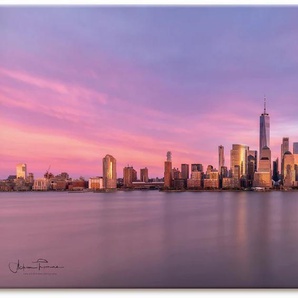 Wandbild ARTLAND Manhattan Skyline Bilder Gr. B/H: 100 cm x 50 cm, Leinwandbild New York Querformat, 1 St., pink Kunstdrucke