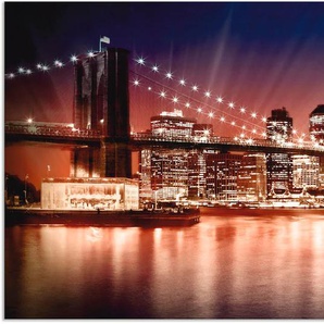 Wandbild ARTLAND Manhattan Sonnenuntergang Bilder Gr. B/H: 150 cm x 75 cm, Alu-Dibond-Druck Brücken, 1 St., lila Kunstdrucke als Alubild, Leinwandbild, Wandaufkleber oder Poster in versch. Größen