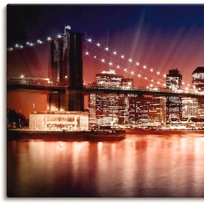 Wandbild ARTLAND Manhattan Sonnenuntergang Bilder Gr. B/H: 150 cm x 75 cm, Leinwandbild Brücken, 1 St., lila Kunstdrucke als Alubild, Leinwandbild, Wandaufkleber oder Poster in versch. Größen