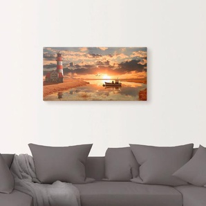 Wandbild ARTLAND Maritime Idylle beim Leuchtturm Bilder Gr. B/H: 100 cm x 50 cm, Leinwandbild Gebäude, 1 St., orange Kunstdrucke