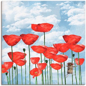 Wandbild ARTLAND Maus im Mohnfeld an einem bewölkten Tag Bilder Gr. B/H: 100 cm x 100 cm, Leinwandbild Blumen, 1 St., rot Kunstdrucke als Alubild, Leinwandbild, Wandaufkleber oder Poster in versch. Größen