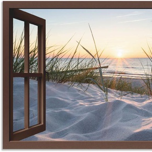 Wandbild ARTLAND Ostseestrand durchs Fenster Bilder Gr. B/H: 100 cm x 70 cm, Alu-Dibond-Druck Meer Bilder Querformat, 1 St., beige (naturfarben) Kunstdrucke