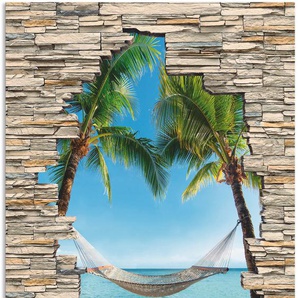 Wandbild ARTLAND Palmenstrand Karibik Hängematte Stein Bilder Gr. B/H: 90 cm x 130 cm, Alu-Dibond-Druck Karibikbilder Hochformat, 1 St., blau Kunstdrucke