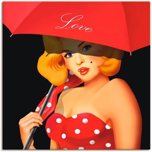 Wandbild ARTLAND Pin-Up Girl unter rotem Regenschirm Bilder Gr. B/H: 100 cm x 100 cm, Leinwandbild Frau, 1 St., rot Kunstdrucke als Alubild, Leinwandbild, Wandaufkleber oder Poster in versch. Größen
