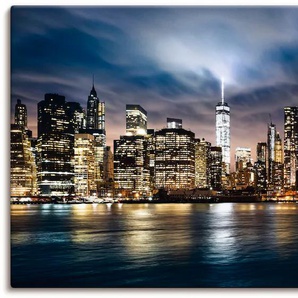 Wandbild ARTLAND Sonnenaufgang über Manhattan Bilder Gr. B/H: 150 cm x 75 cm, Leinwandbild Amerika, 1 St., blau Kunstdrucke
